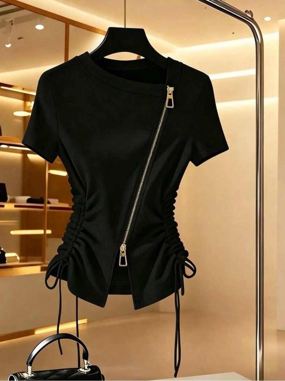SHEIN Black Short-Sleeve Zip Ruched Tee
